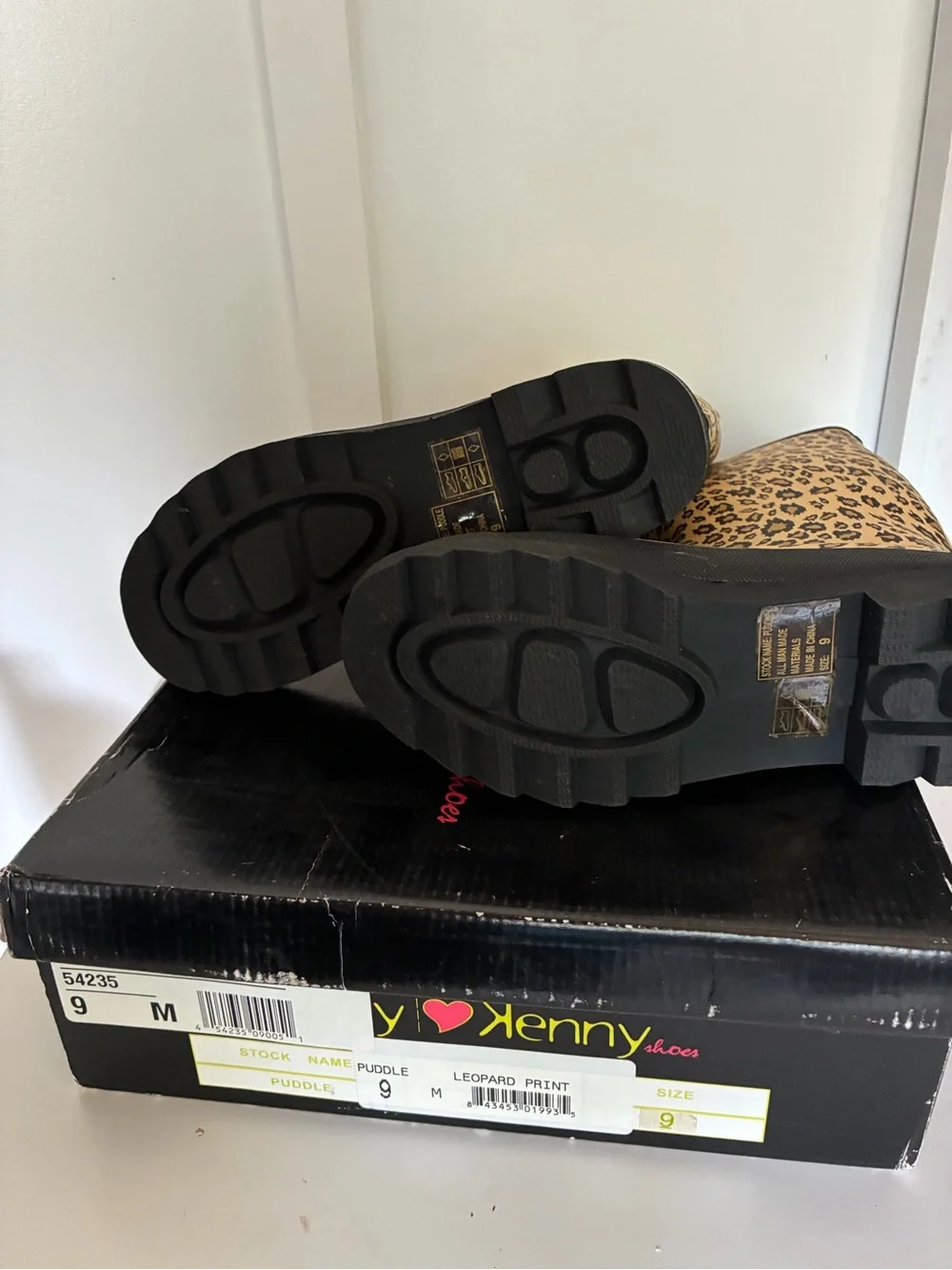 Penny Loves Kenny Leopard Print Tan and Black Rain Boots